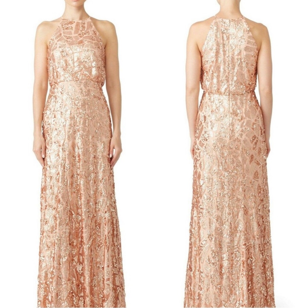 Donna Morgan Tiffany Sequined Halter Maxi Dress in Rose Quartz - Size 4